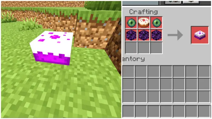 Purple cake block and crafting recipe shown