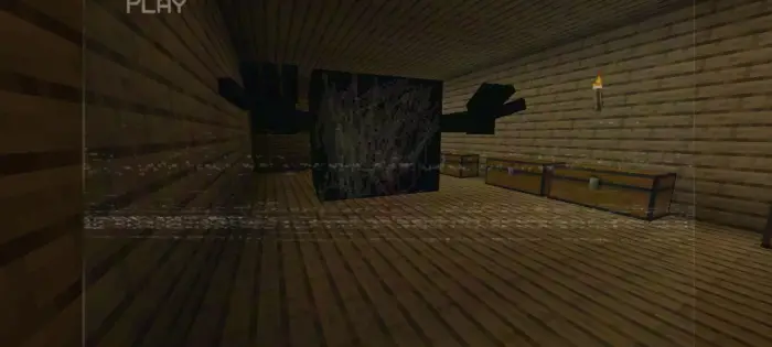 VHS-glitch monster invades wooden room