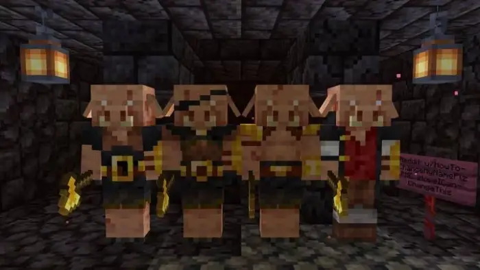 Four piglins with different outfits in a dungeon