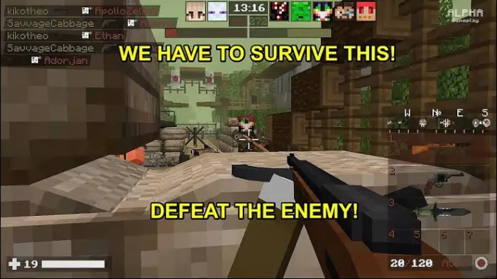 Players battle in a pixelated war trench.