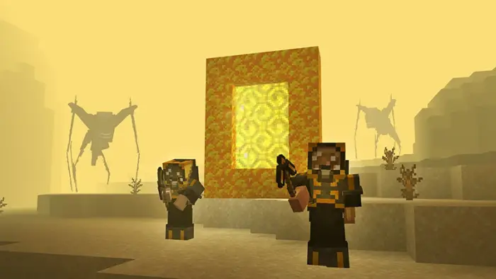 Two armored figures by glowing portal in desert