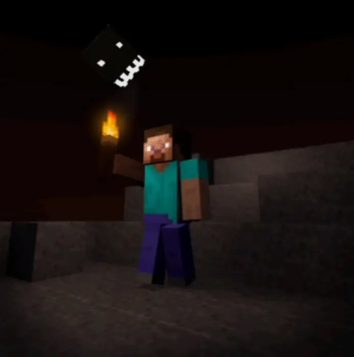 Blocky character explores cave with dark entity.