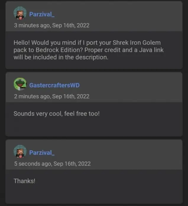 Comment exchange about Shrek Iron Golem pack