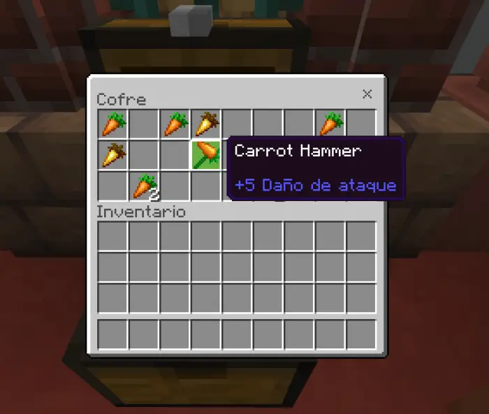 Chest inventory with carrots and Carrot Hammer.