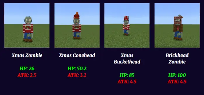Xmas-themed zombies with stats displayed.