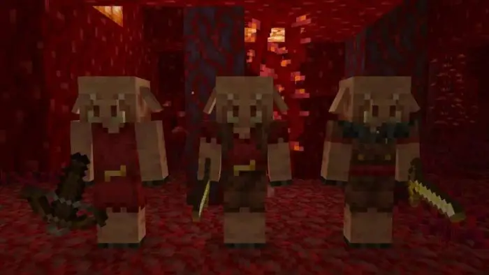Three piglins with unique armor and weapons