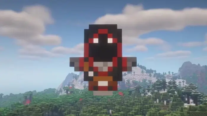 Pixel totem with red and black hooded design