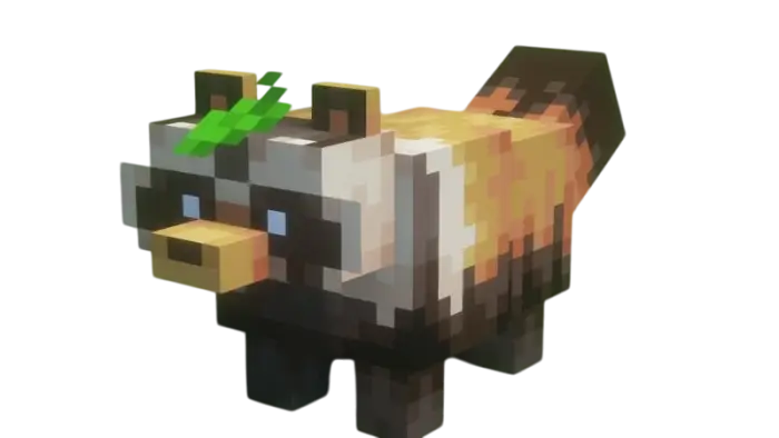 Pixelated tanuki model with leaf on head