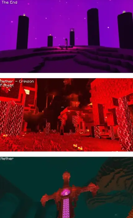 1. Purple-lit towers under a moody sky 2. Crimson forest glowing with red light 3. Teal and magenta fortress in darkness