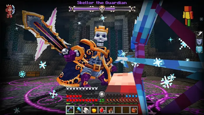 Player battles Skellor the Guardian boss.