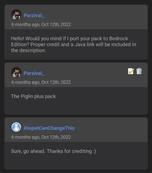 Three user comments discussing texture pack port.