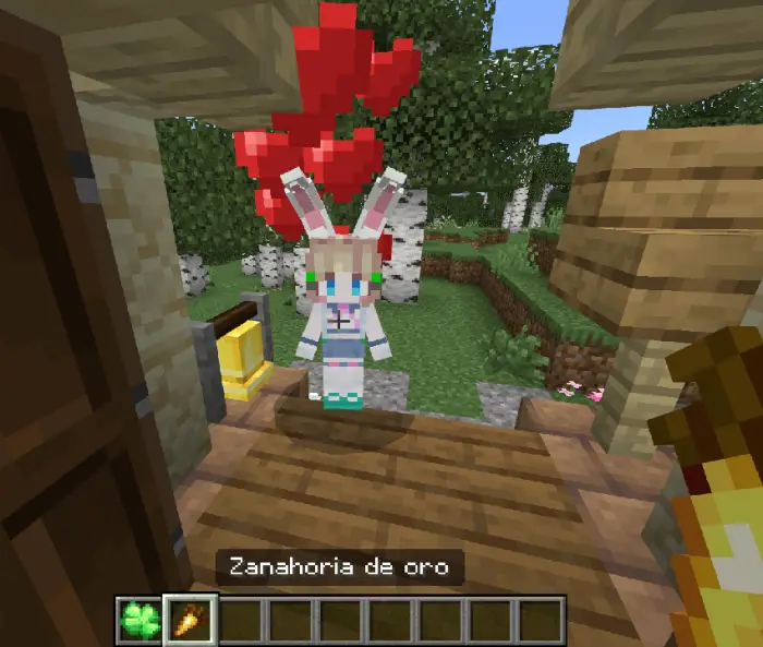 Cute bunny companion with hearts outside house