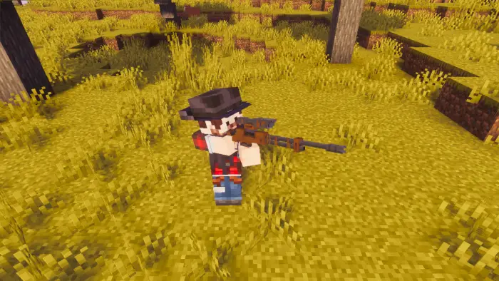 Blocky character aiming a 3D rifle outdoors