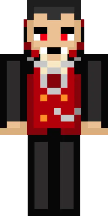 Pixel vampire in red suit with fangs