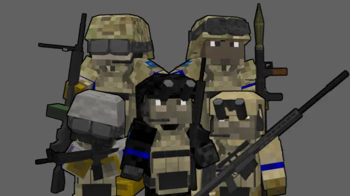 Five blocky soldiers in tactical gear.