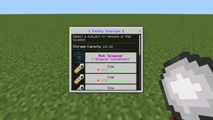Entity storage menu showing captured mobs