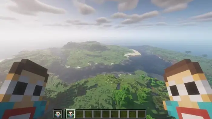 Pixel totems with cartoon faces, scenic view