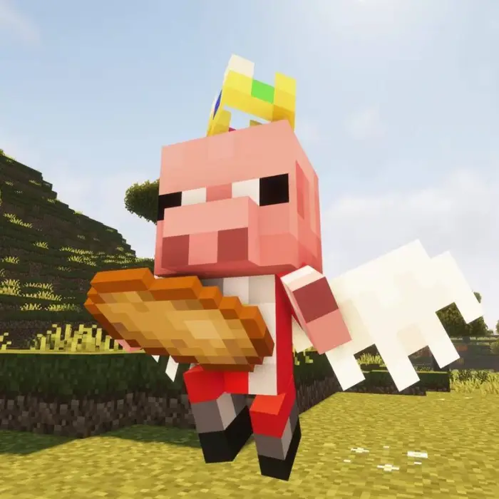 Blocky pig with crown, wings, and a pie.