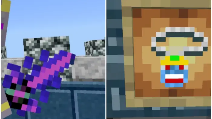 Left Purple pixel sword in hand Right Pixel art ring on display