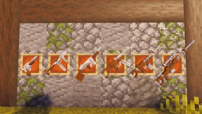 Six 3D blocky guns displayed on a wall