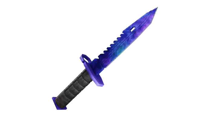 Iridescent blue combat knife with black handle