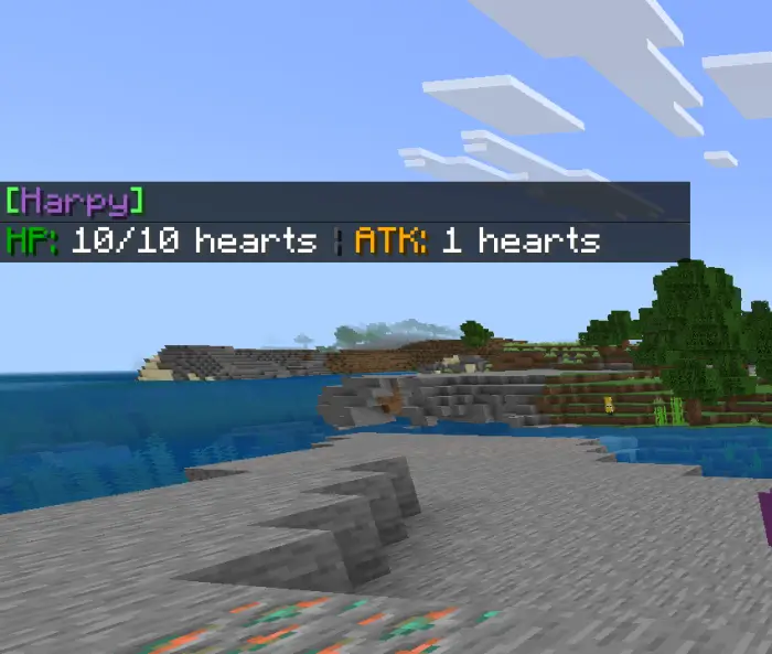 Harpy stats overlay on rocky shoreline.