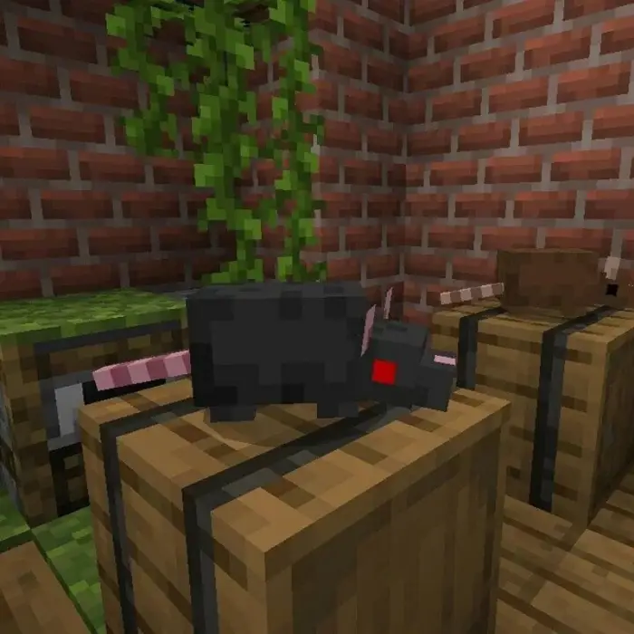 Pixel rats on crates in a brick room