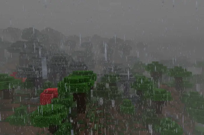 Dense rain over lush, realistic forest scenery