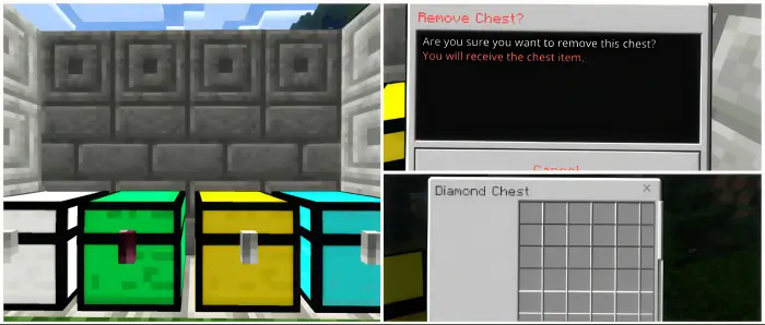 1. Different colored chests lined up 2. Chest removal confirmation screen 3. Large diamond chest inventory grid
