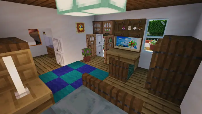 Cozy villa interior with desk and decor