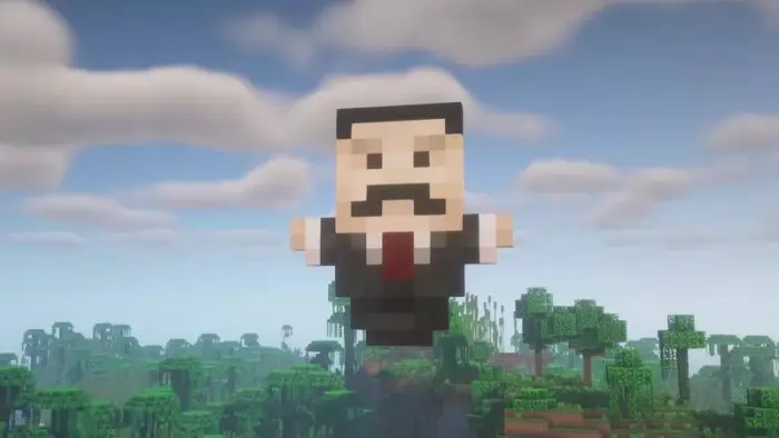 Blocky totem with suit and mustache floats