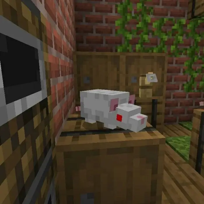 Blocky white rat with red eyes on crate