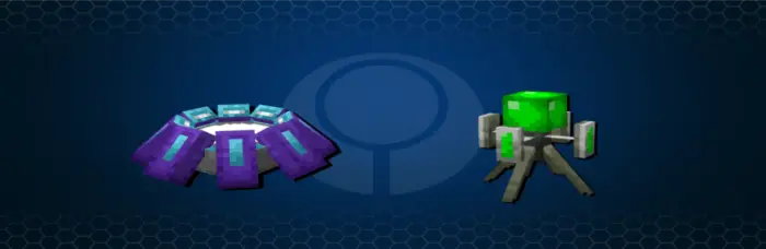 Purple shield and green turret on blue background