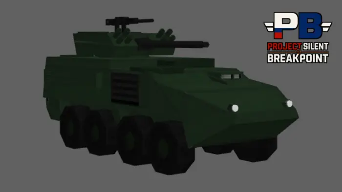 Green armored vehicle with mounted turret.