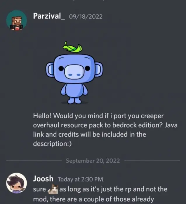 Discord chat about Creeper Overhaul textures.