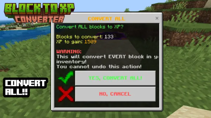 Block-to-XP conversion menu with options