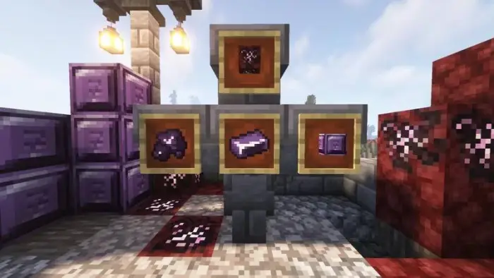 Purple netherite items and blocks display