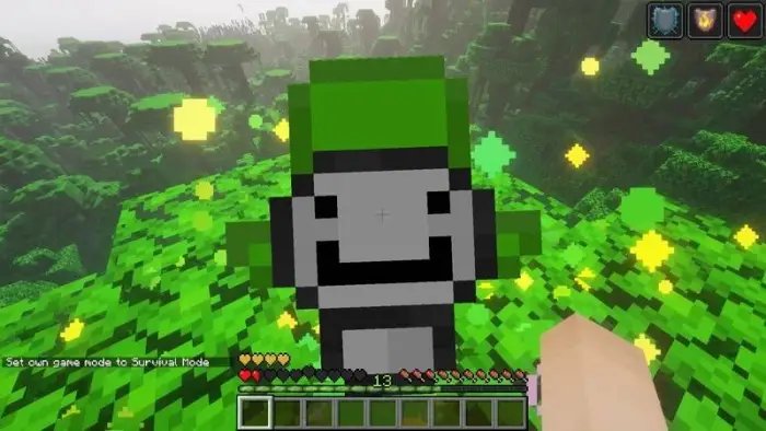 Pixelated green and white totem in-game