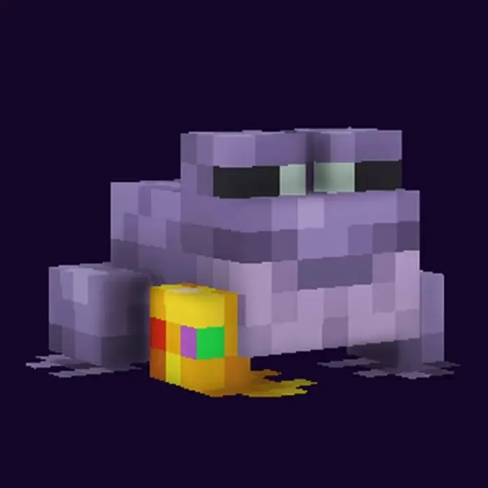 Pixelated purple frog with gauntlet.