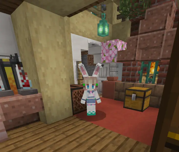 Bunny-eared companion in cozy house interior