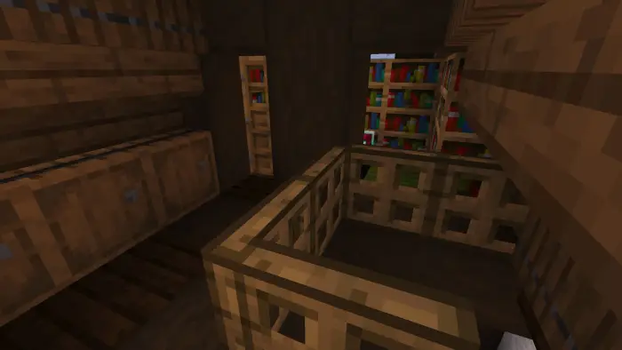 Rustic cottage interior with bookshelves