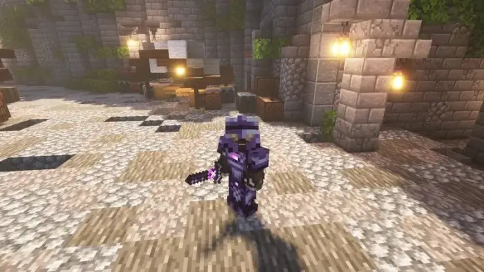 Player in glowing purple netherite armor