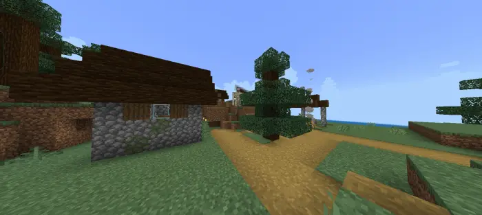 Blocky village path with trees and houses