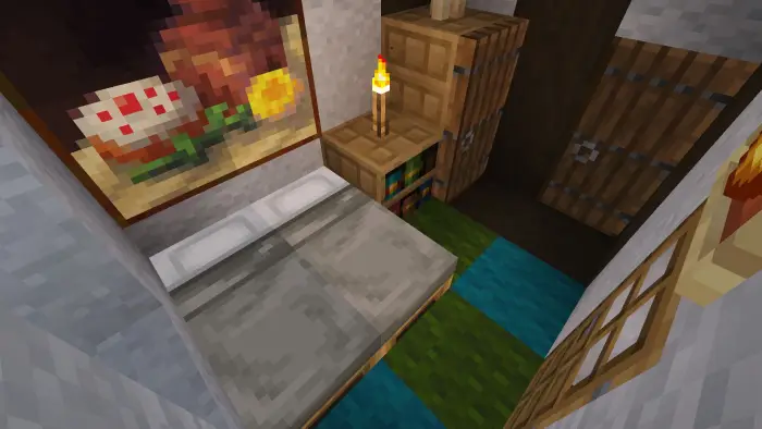 Cozy cottage bedroom with bed and storage