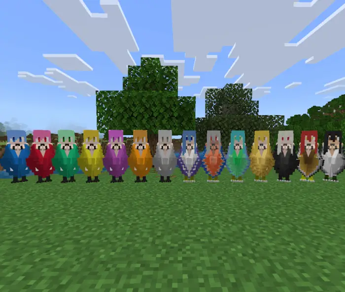 Colorful harpy companions standing in a row
