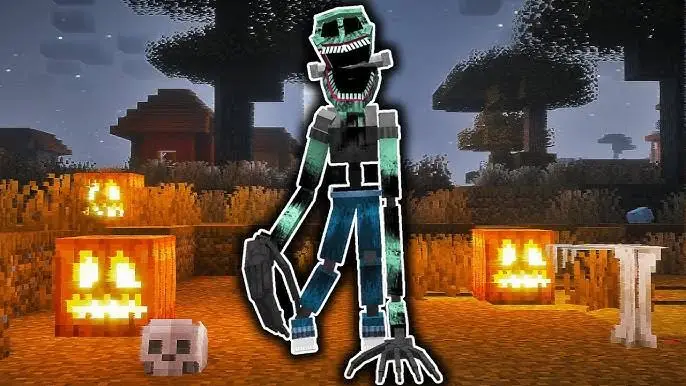 Tall green horror mob with yellow eyes stands.