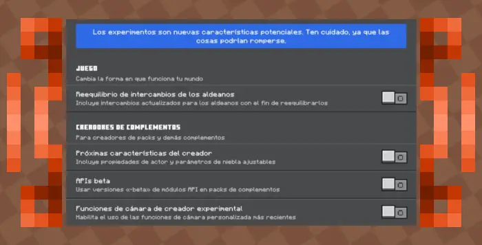 Experimental features settings menu displayed.
