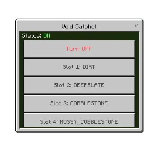 ALT Void Satchel filter slots and status menu