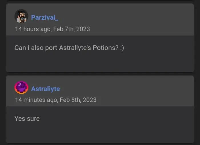Two users discussing potion texture porting