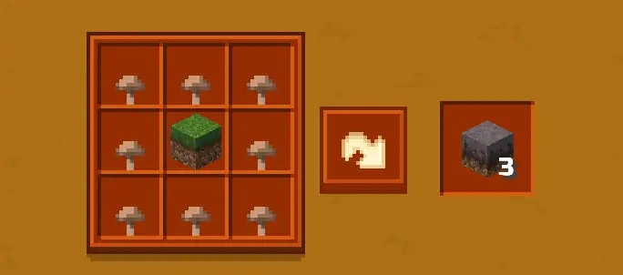 Crafting recipe with mushrooms and grass block.